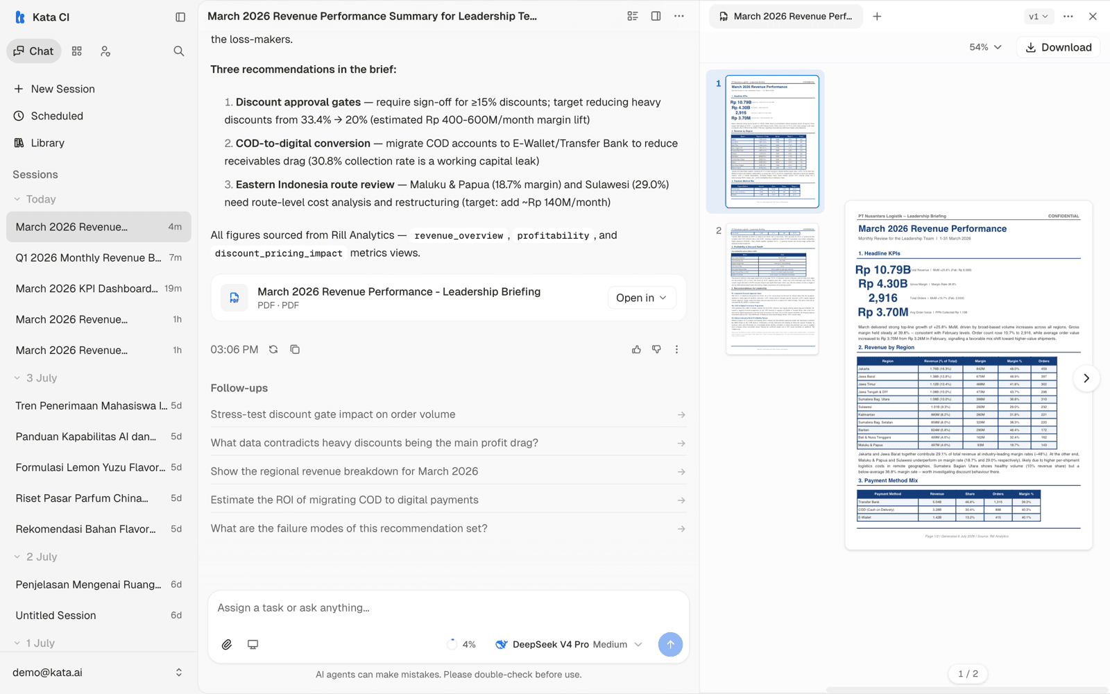 A generated PDF leadership briefing in the preview, with page thumbnails and download