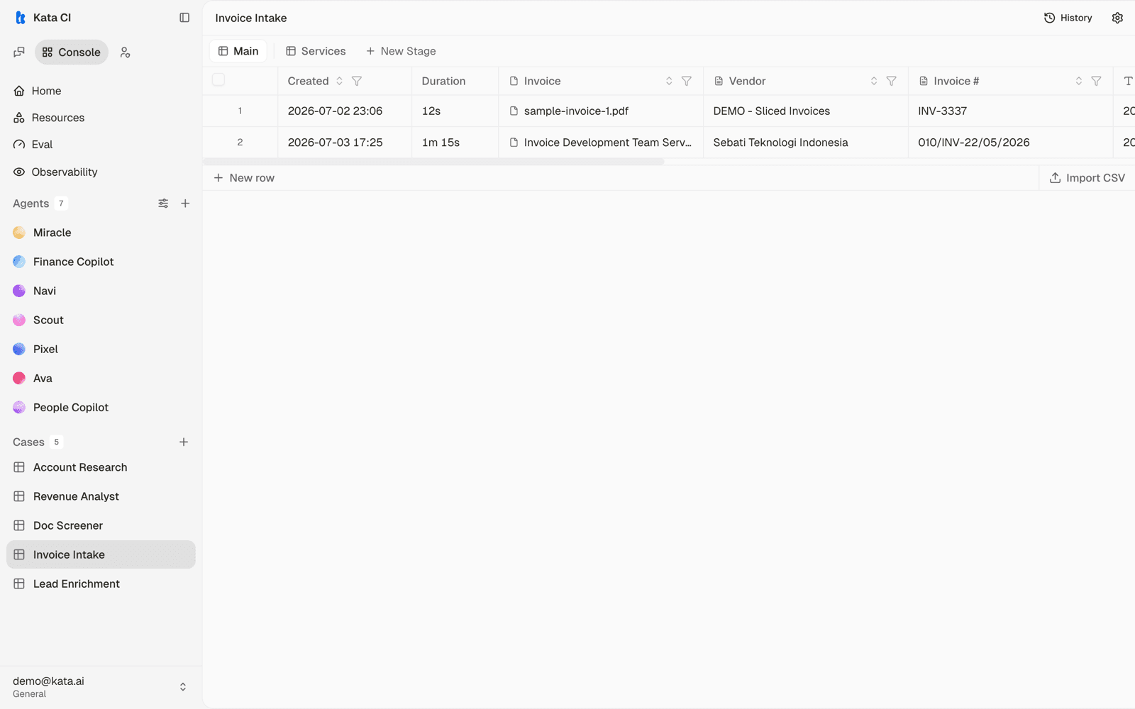 The Invoice Intake Case: rows of invoices, columns extracted by agents