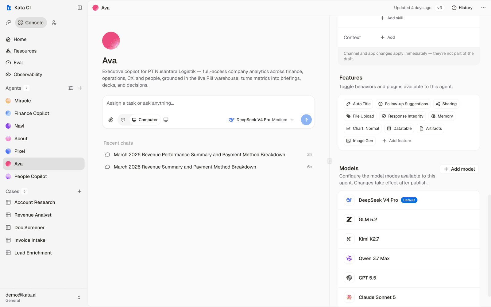 Ava's tools, features, and models sections