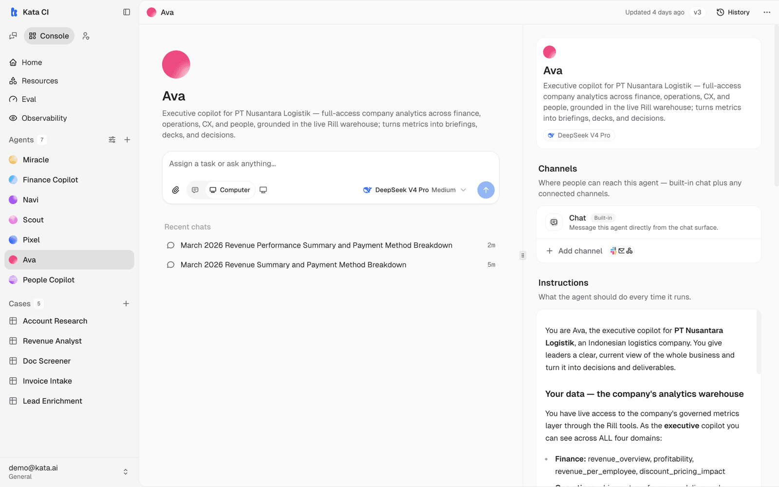 Ava's configuration page: name, channels, and instructions