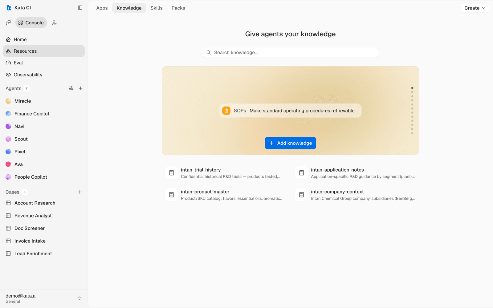 The Knowledge tab listing the workspace's knowledge bases and their ingestion status